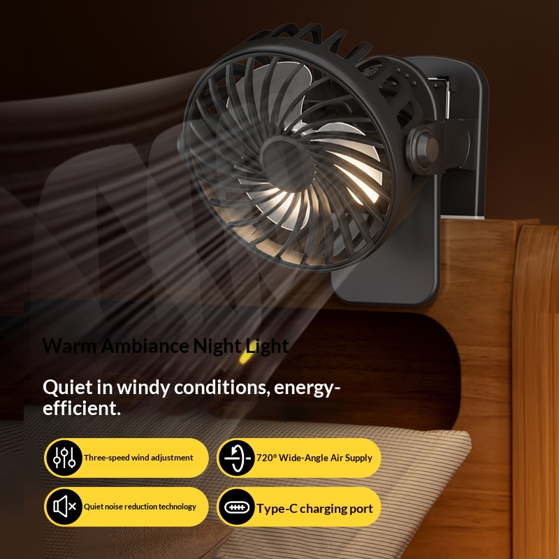 Oscillating Fan Clip - 720度回転クリップミニファン、ソフトナイトライト内蔵、静音USB充電式、屋内外兼用ポータブルパーソナルクーラーファン