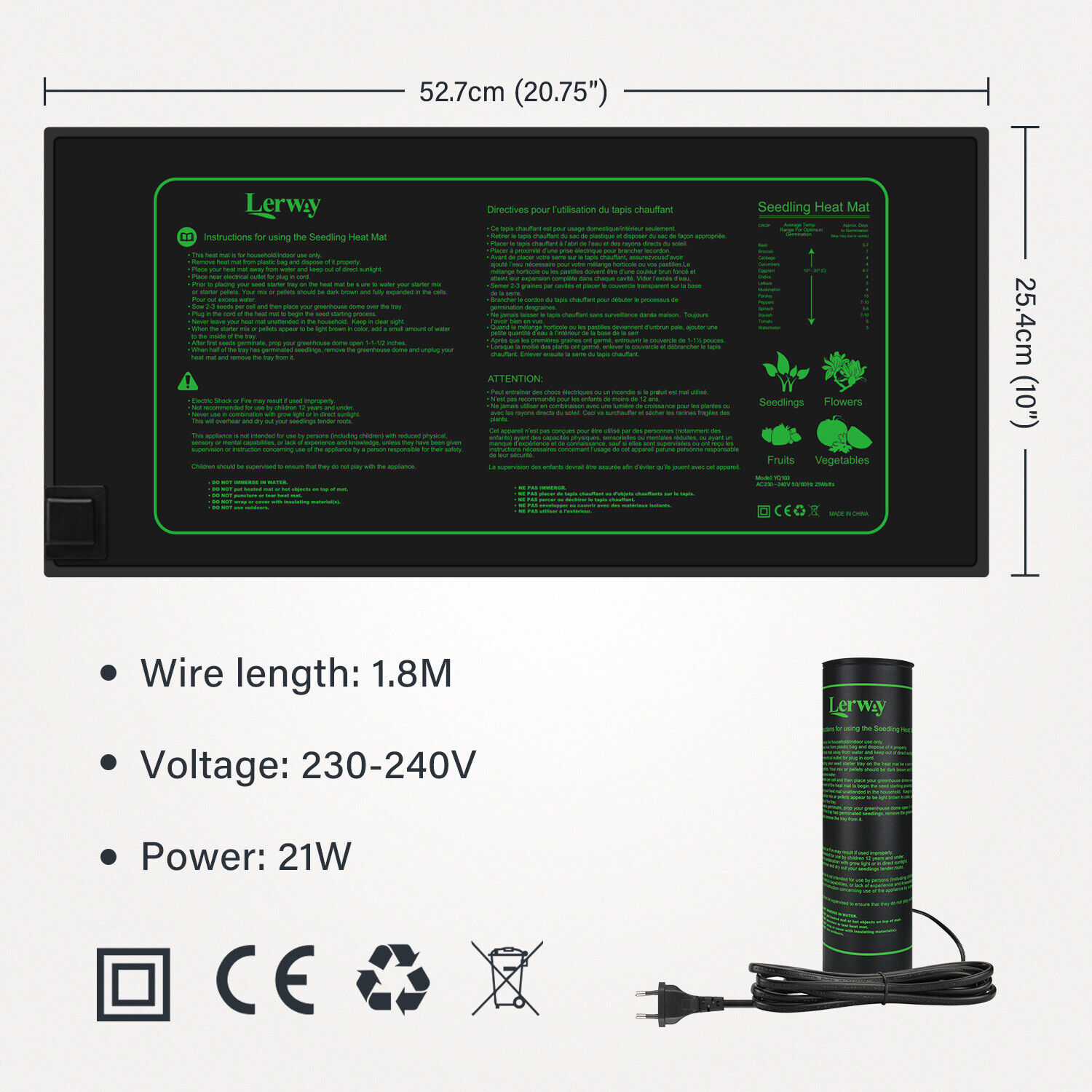 LERWAY 21W 苗床用ヒートマット EUプラグ 室内温 - Seedling Heat Pad のレビューと価格