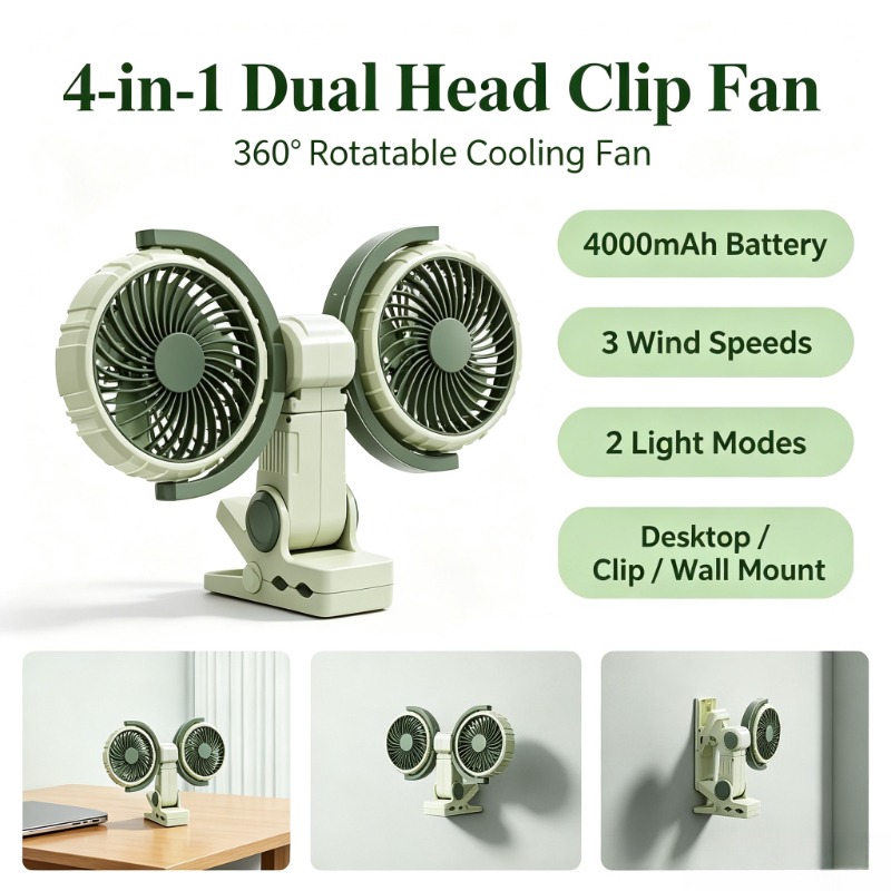 デュアルヘッドクリップファン、360度回転 °   回転式U - Oscillating Fan Clip のレビューと価格
